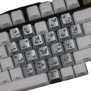 Silver Butterfly Heart Side-Engraved Keycap Set, OEM PBT, 21 Keys